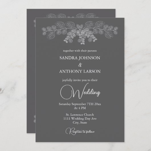 Simple Gray Line Art Eucalyptus Wedding Invitation 招待状 (正面/裏面)