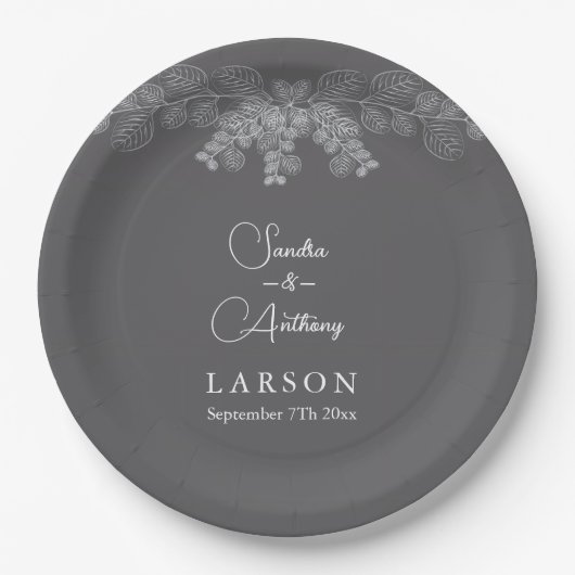 Simple Gray Line Art Eucalyptus Wedding Napkins ペーパープレート (正面)