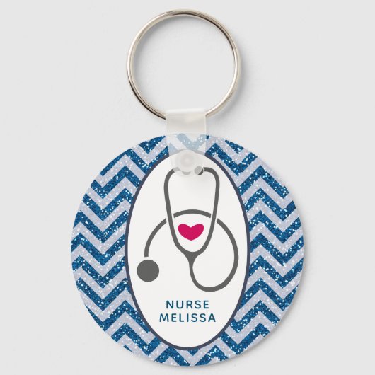 Simple Gray Nursing Stethoscope on Blue Chevron キーホルダー (正面)