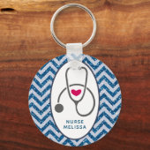 Simple Gray Nursing Stethoscope on Blue Chevron キーホルダー (正面)