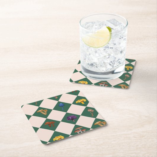 Simple green check with mushrooms スクエアペーパーコースター (インサイチュ)