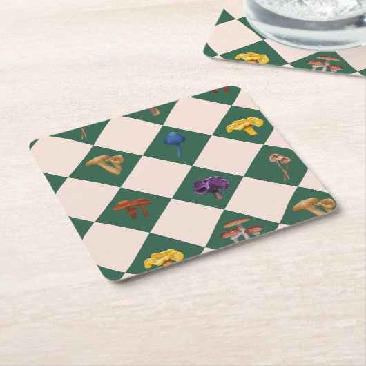 Simple green check with mushrooms スクエアペーパーコースター (アングル)
