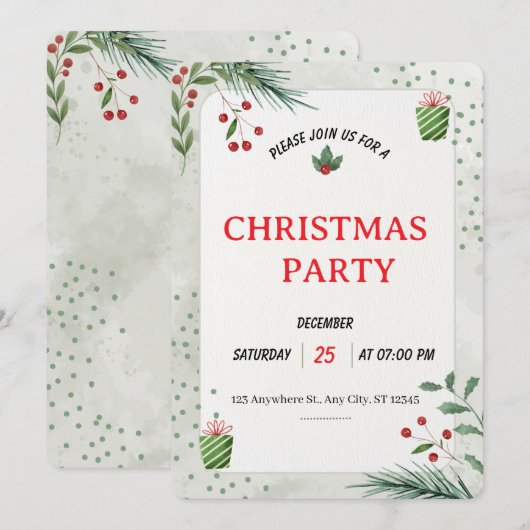 Simple Green Christmas Party Invitation Card 招待状 (正面/裏面)