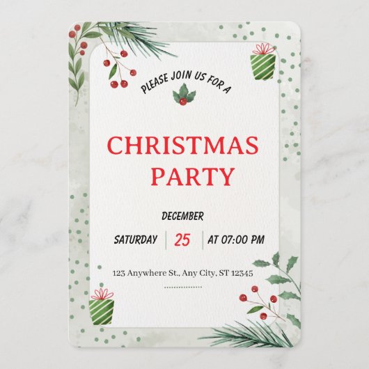 Simple Green Christmas Party Invitation Card 招待状 (正面)