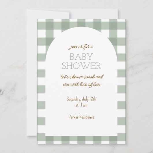 Simple Green Gingham Baby Shower Invitation 招待状 (正面)
