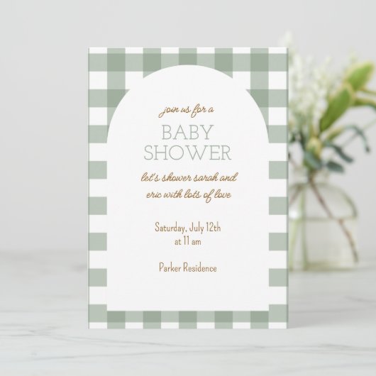 Simple Green Gingham Baby Shower Invitation 招待状 (スタンド正面)