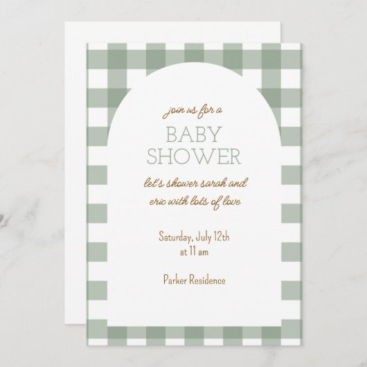 Simple Green Gingham Baby Shower Invitation 招待状 (正面/裏面)