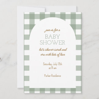 Simple Green Gingham Baby Shower Invitation 招待状