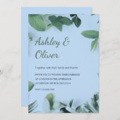 Simple Green Leaves Blue Greenery Wedding 招待状 (正面/裏面)