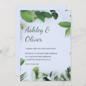 Simple Green Leaves Blue Greenery Wedding 招待状 (正面/裏面)