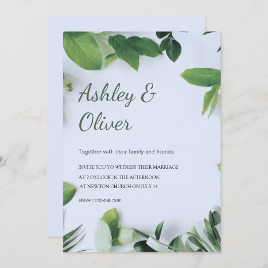 Simple Green Leaves Blue Greenery Wedding 招待状 (正面/裏面)