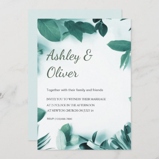 Simple Green Leaves Green Greenery Wedding 招待状 (正面/裏面)
