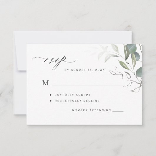 Simple green leaves greenery wedding 出欠カード (正面)