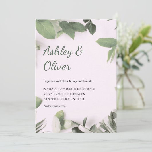 Simple Green Leaves Pink Greenery Wedding 招待状 (スタンド正面)