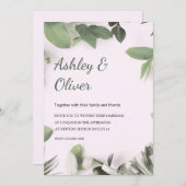 Simple Green Leaves Pink Greenery Wedding 招待状 (正面/裏面)