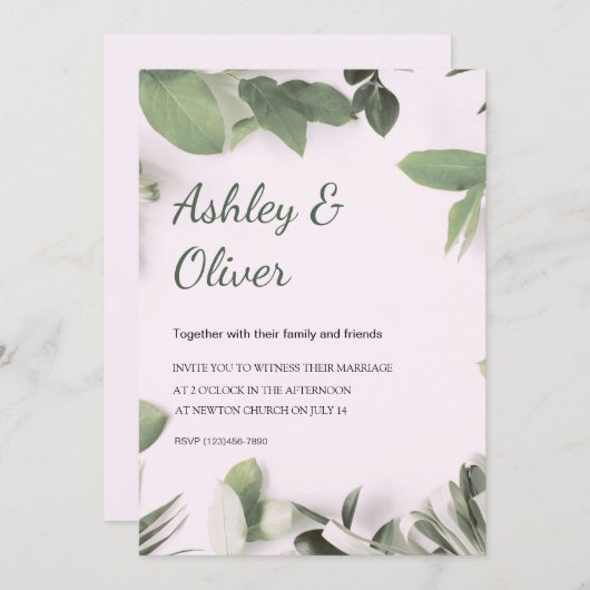 Simple Green Leaves Pink Greenery Wedding 招待状 (正面/裏面)