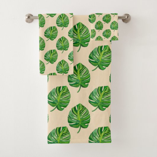 Simple Green Monstera Leaf Pattern on Light Beige バスタオルセット (インサイチュ)
