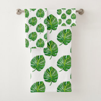 Simple Green Monstera Leaf Pattern on White バスタオルセット