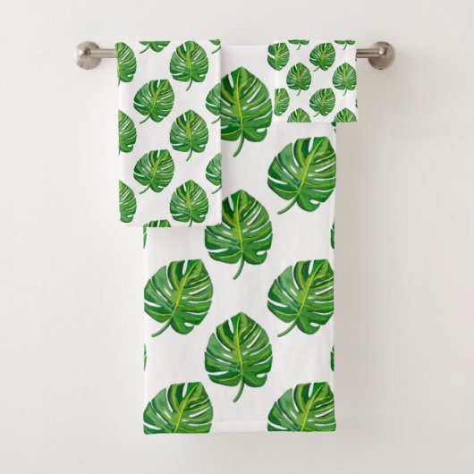 Simple Green Monstera Leaf Pattern on White バスタオルセット (インサイチュ)