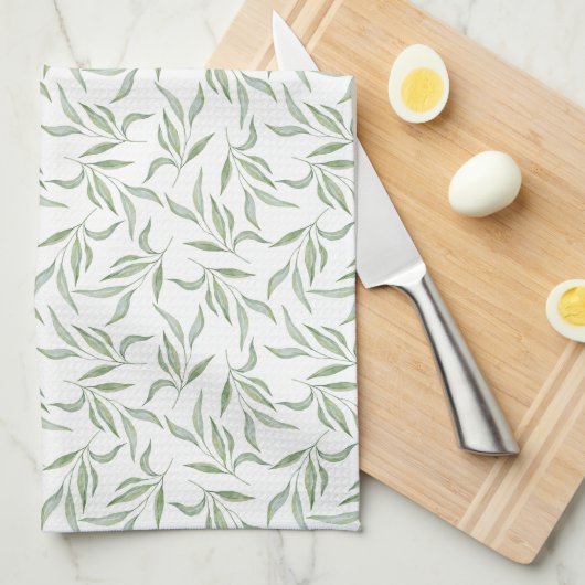 Simple Green Watercolor Leaves Botanical Pattern キッチンタオル (四つ折り)