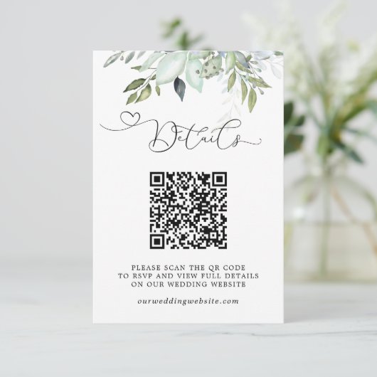 Simple Greenery Foliage QR Code Wedding Details エンクロージャーカード (スタンド正面)
