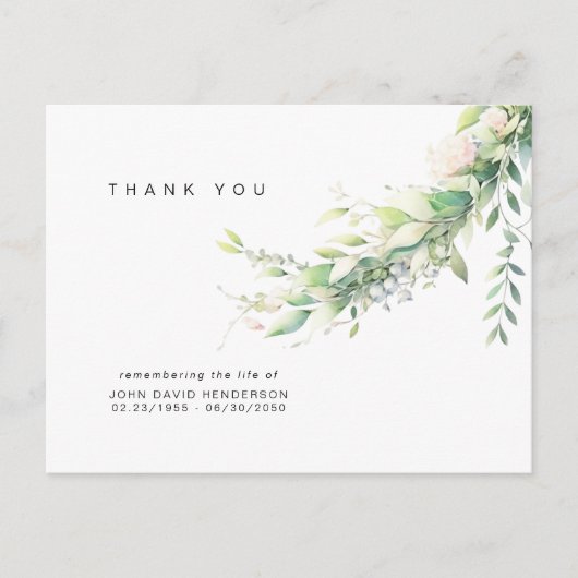 Simple Greenery Funeral Loss of Life Thank You ポストカード (正面)
