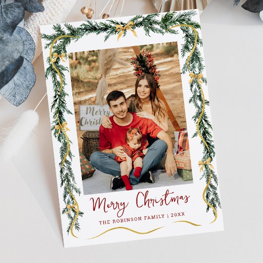 Simple Greenery Gold Bows Merry Christmas 1 Photo シーズンカード