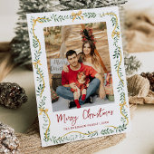 Simple Greenery & Gold Bows Merry Christmas Photo シーズンカード