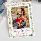 Simple Greenery & Gold Bows Merry Christmas Photo シーズンカード