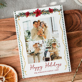 Simple Greenery Poinsettia Happy Holidays 3 Photo シーズンカード