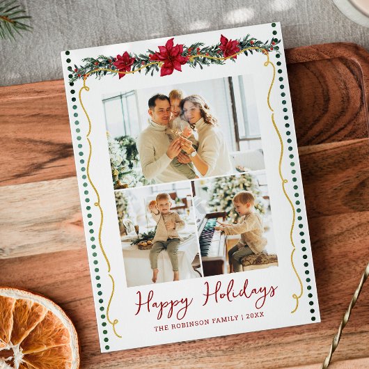 Simple Greenery Poinsettia Happy Holidays 3 Photo シーズンカード