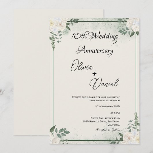 Simple Greenery Wedding Anniversary Invitations 招待状 (正面/裏面)