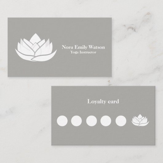 Simple Grey and White Lotus Flower Business Flat ロイヤリティカード (正面/裏面)