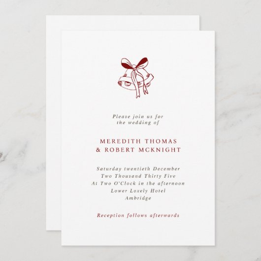 Simple Hand Drawn Bells Christmas Wedding 招待状 (正面/裏面)