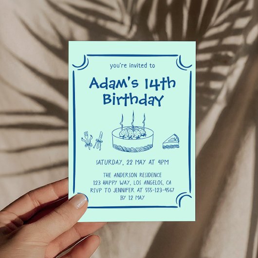 Simple Hand-Drawn Cake 14th Birthday Party 招待状