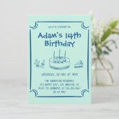 Simple Hand-Drawn Cake 14th Birthday Party 招待状 (スタンド正面)