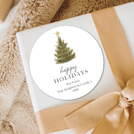 Simple Happy Holidays Green Christmas Pine Tree ラウンドシール