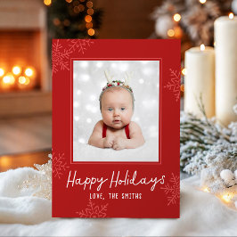 Simple Happy Holidays Script Snowflakes Photo シーズンカード