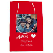 Simple Happy Valentine's Day Spanish White Heart ミディアムペーパーバッグ (正面)