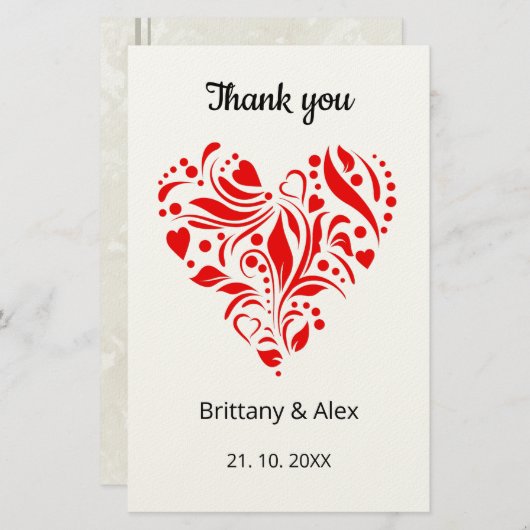 Simple Heart Wedding Thank You Card – Customizable 便箋 (正面/裏面)