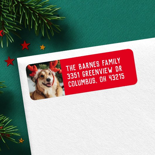 Simple holiday pet photo red return address ラベル