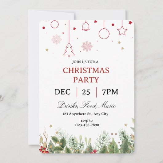 Simple Holly Christmas Party Invitation 招待状 (正面)
