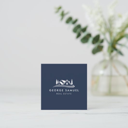 Simple Home Logo Navy Blue Realtor, Real Estate スクエア名刺 (スタンド正面)