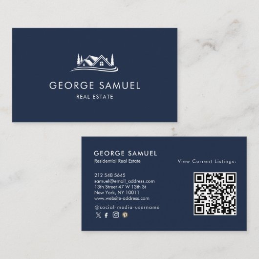 Simple Home Logo Navy Blue Realtor, Real Estate 名刺 (正面/裏面)