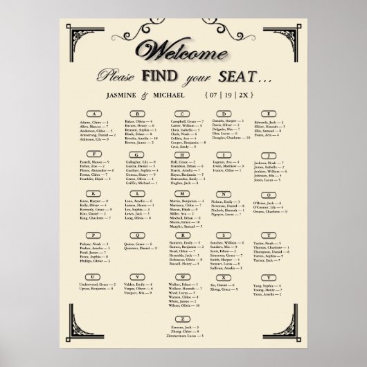 Simple Ivory Alphabetical Wedding Seating Chart ポスター (正面)