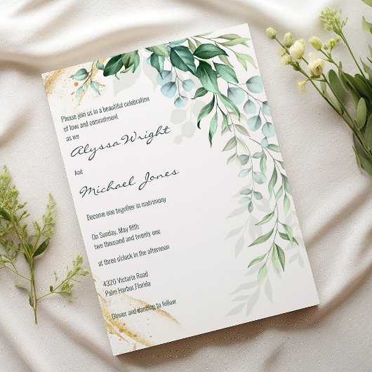 Simple ivory gold greenery leaf floral Wedding  招待状