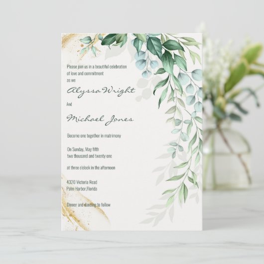Simple ivory gold greenery leaf floral Wedding  招待状 (スタンド正面)