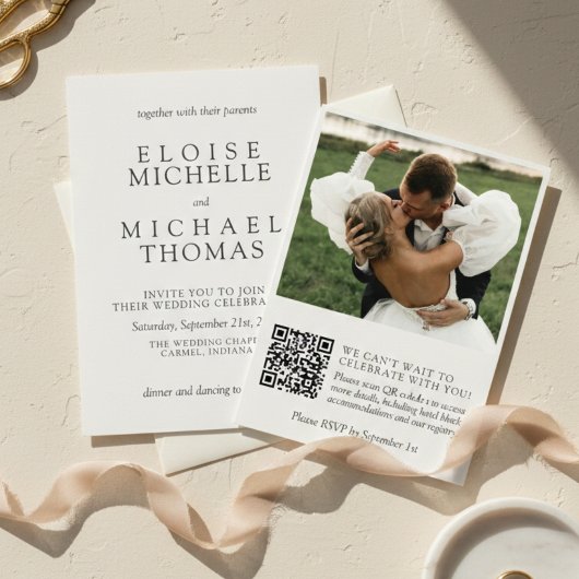 Simple Ivory Photo Classic QR Code Wedding 招待状