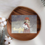 Simple Joyful Overlay Photo Holiday Card 箔シーズンカード<br><div class="desc">This design the text Joyful in a bold vintage typography in gold foil with a deep navy Christmas color and pattern on the back. Customize this card with your photo and message! Additional colors and layouts are available in our Zazzle shop; for additional customization, send us a message through Zazzle!...</div>