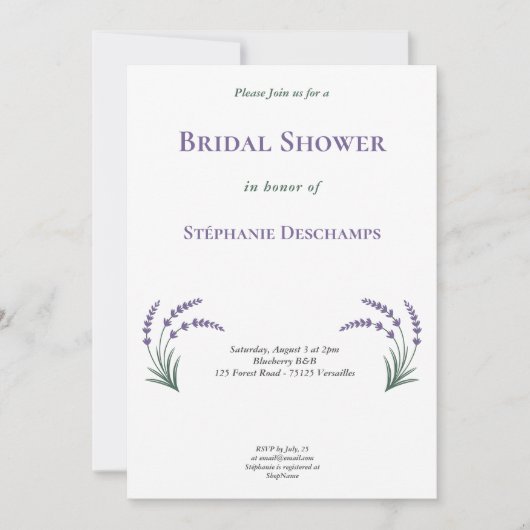 Simple Lavender Bridal Shower Invitation 招待状 (正面)